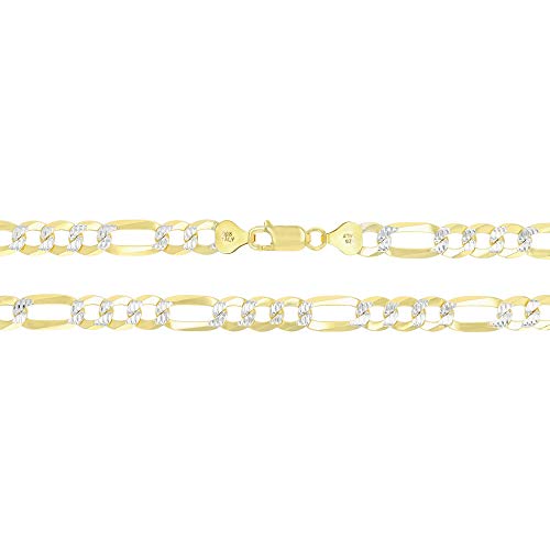 14K Gold or Rhodium Plated Silver Figaro Diamond Cut Pave Chain For Men | 1mm-13mm Thick | Solid 925 Figaro Italian Necklaces For Men - style: 7.50MM- Yellow & White