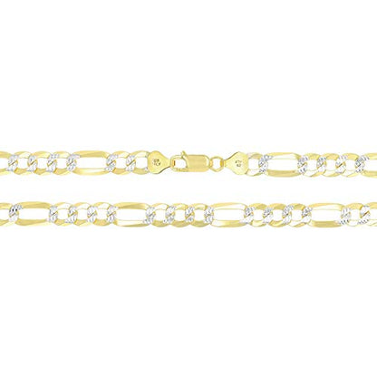 14K Gold or Rhodium Plated Silver Figaro Diamond Cut Pave Chain For Men | 1mm-13mm Thick | Solid 925 Figaro Italian Necklaces For Men - style: 7.50MM- Yellow & White