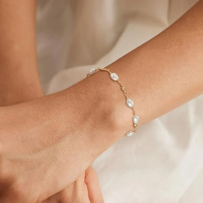 SLOONG 14K Gold Plated Pearl Bracelets for Women Trendy | Dainty Stackable Layered Chain Bridesmaid Bracelets, Waterproof Wedding Jewelry for Women Adjustable 6"+2" - color: 1.Style3(Pearl)