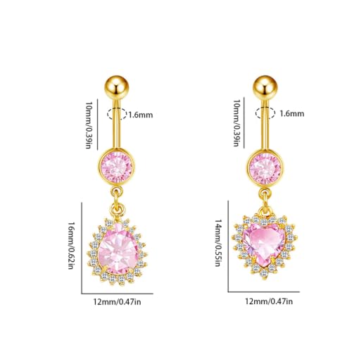 14G Heart and Waterdrop Dangle Belly Button Rings | Stainless Steel, Pink CZ, Dangle Charm Belly Rings, Navel Piercing Barbell, Body Piercing Jewelry - color: Gold