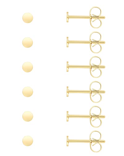 Unisex 6 Pairs Dot Stud Earrings, Surgical Steel Gold Plated Black Tiny Flat Disc Stud Earrings for Women Men - color: Gold-2mm
