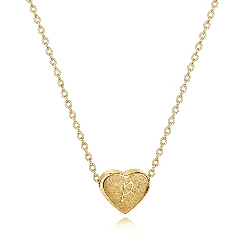 18k Gold Plated Heart Pendant Letter Necklaces for Girls Stainless Steel Initial Necklace for Women Birthday Gifts for Girls Women - color: Brushed Gold, style: Letter P