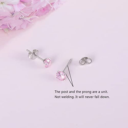 12 Pairs 18K Gold Plated Surgical Stainless Steel Stud Earrings, Star Heart Square Stud Earring for Women, Cubic Zirconia Birthstone Stud Earrings Set - color: Silver round 5mm