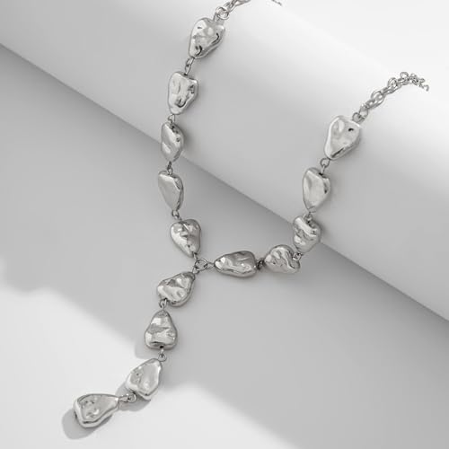 Gold Statement Lariat Necklace for Women Long Chunky Silver Y Shaped Necklace Big Baroque Shaped Drop Necklace Trendy Statement Jewelry Gift - color: silver