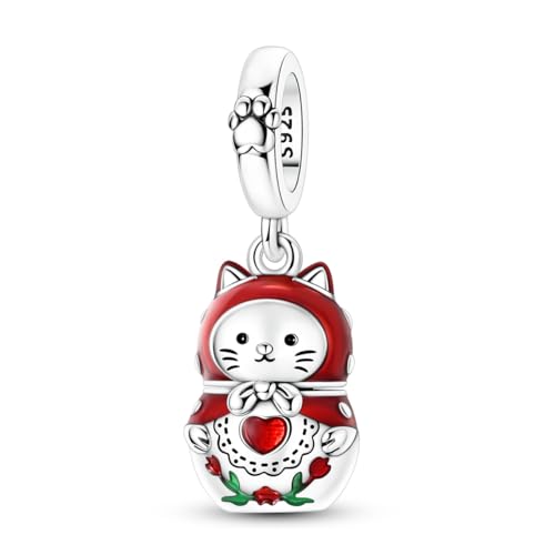 Hapour 925 Sterling Silver Charms for Bracelet Necklace Dangle Pendant Bead | Whale Shark Charm, Glow in the Dark, Matryoshka Russian Doll Baking European Jewelry Charm, 14k Gold Plated - style: Red Cat Matryoshka Doll (Openable)