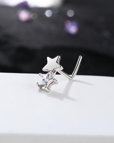 925 Sterling Silver Nose Studs 20G L Shape Nose Rings Star Clear CZ Nose Piercing Jewelry Surgical Steel