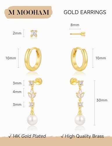 M MOOHAM Pearl Earrings for Women, 14K Gold Plated Pearl Drop Earrings | Hypoallergenic Pearl Dangle Earrings Set, Dainty Flat Back Stud Earring Stack, Bridal Shower Gifts, Wedding Jewelry - color: 14K Gold Plated