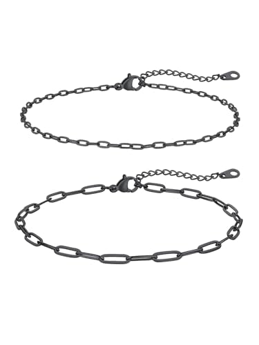 FaithHeart Waterproof Ankle Bracelets for Women, 1/2/3Pcs Non Tarnish Stainless Steel Layered Anklet Set Paperclip Figaro Cuban Link Chain Dainty Summer Beach Jewelry Gift Adjustable Size - style: e.Paperclip 2Pcs - Black