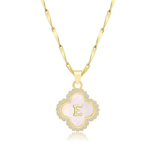 LETFLY 14K Four Leaf Clover Natural Shells Initial A-Z Necklaces for Women - color: Gold, style: Letter E