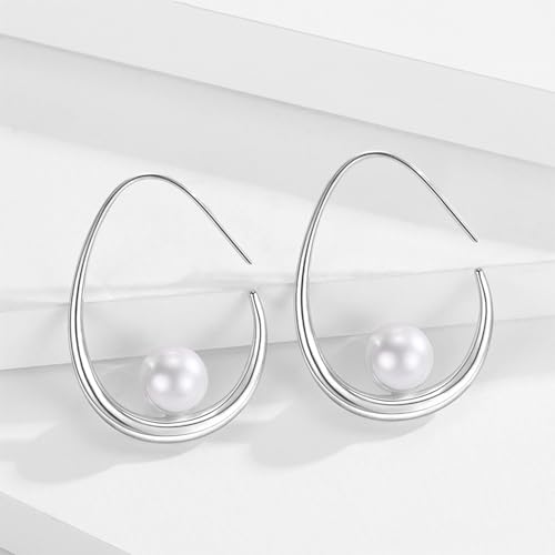 14k Gold Plated Lightweight Pearl Earrings,Trendy Jewelry,Teardrop Hoop Earrings for Women,Pearl Drop Earrings,Elegant Jewelry for Gifts - color: silver drop pearl