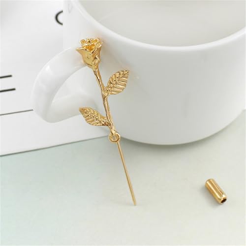 Dreuyet Simple Gold Silver Plated Long Brooch Pins with Cute Animal Antlers Leaves Plant Bees Rabbits Rose Flower Feather Brooch Jewelry for Women Men Elegant Suit Collar Lapel Pin - style: Rose