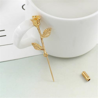 Dreuyet Simple Gold Silver Plated Long Brooch Pins with Cute Animal Antlers Leaves Plant Bees Rabbits Rose Flower Feather Brooch Jewelry for Women Men Elegant Suit Collar Lapel Pin - style: Rose