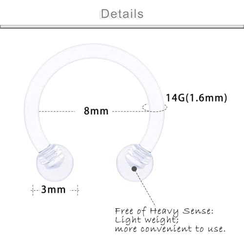 18G 16G 14G Plastic Septum Rings Flexible Lip Rings Hoops Septum Nose Rings Smiley Piercings Acrylic Horseshoes Cartilage Helix Rook Daith Earrings Piercing Retainer for Work 8mm 10mm 12mm - color: 14G-8mm(5/16") Hoop