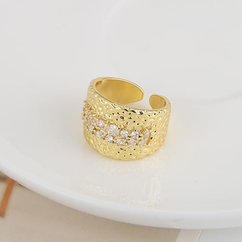 HZMAN 14K Gold Plated Open Ring for Women Brass Crystal Non Adjustable Statement Ring Collection - color: Hammered Brass