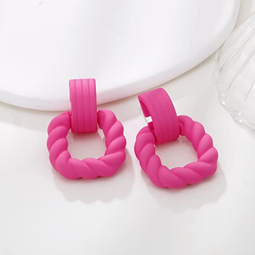 RUOFFETA Rectangle Earrings for Women, Acrylic Square Earrings Twisted Geometric Statement Jewelry - color: Hot Pink