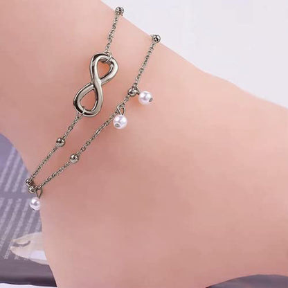 Jean Beau Infinity Beach Anklet bracelet for Women Teen Boho Waterproof Double Layered Dainty Beads Chain Charm Ankle Pearl dangling foot Jewelry Gift - color: Silver