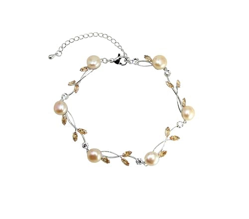 Faship Genuine Freshwater Pearls Floral Necklace Earrings Set | Premium CZ Crystal, Gorgeous, Sparkling - color: Brown / Silver-tone / Matching Bracelet