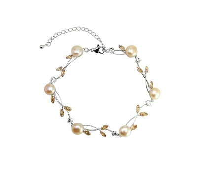 Faship Genuine Freshwater Pearls Floral Necklace Earrings Set | Premium CZ Crystal, Gorgeous, Sparkling - color: Brown / Silver-tone / Matching Bracelet