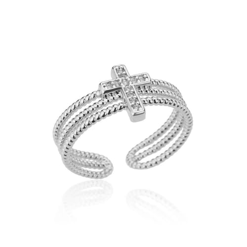 Dainty CZ Cross Adjustable Stacking Open Ring for Women Chic Crystal Christian Faith Triple Layer Stackable Statement Finger Wrap Ring Comfort Fit Religious Fashion Jewelry