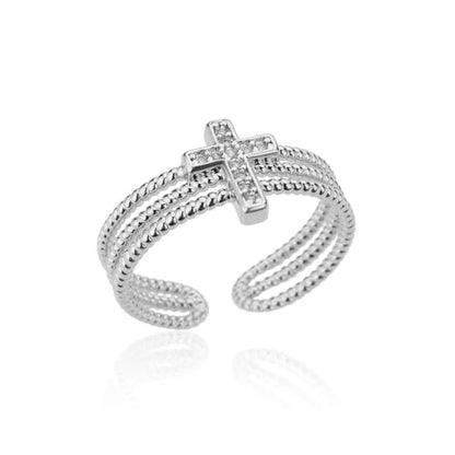 Dainty CZ Cross Adjustable Stacking Open Ring for Women Chic Crystal Christian Faith Triple Layer Stackable Statement Finger Wrap Ring Comfort Fit Religious Fashion Jewelry