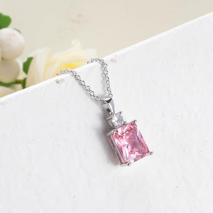 CiNily Rectangular Crystal Necklace for Women Trendy, Pendant Necklace with Chain 14K White Gold | Gold Plated Multicolor Birthstone Pendant Necklaces Boho Jewelry for Christmas Birthday Wedding - color: Silver-Pink cz