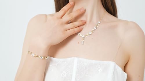 Jewelry Set for Women Bride Bridesmaid Wedding Party Prom Necklace Earrings Bracelet Set Gift for Mother Wife Friend - color: Gold-White