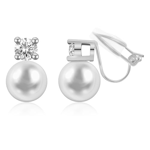 White Pearl Clip On Earrings for Women, 14K Gold Pearl Earrings 925 Silver Pearl Earrings, 10mm White Pearl Non Pierced Hypoallergenic Trendy Wedding Jewelry - color: Silver