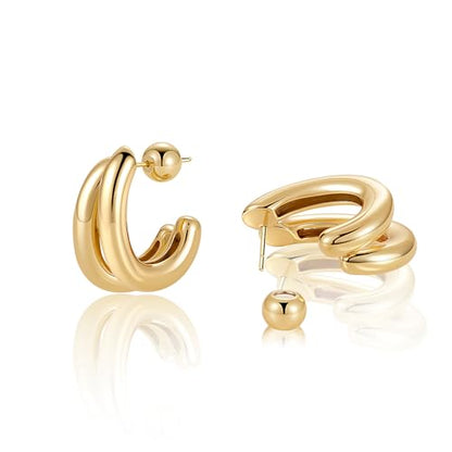 Necocy Chunky Gold Hoop Earrings for Women Non Tarnish, 14k Gold Plated Thick Triple Hoop Earrings Hypoallergenic Trendy Hoops Dainty Jewelry Gifts for Women - style: simple Double C Hoop