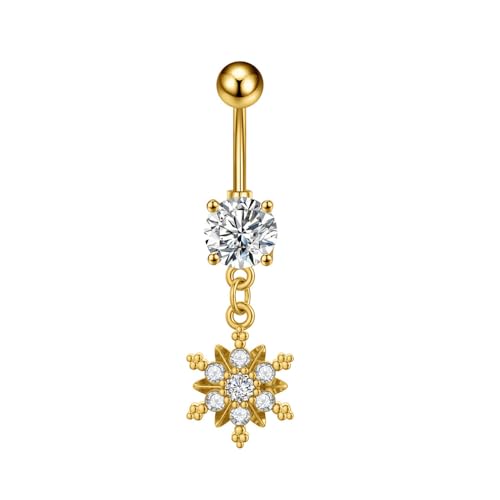 Crystal Snowflake Belly Button Rings for Women Stainless Steel Christmas Dangle Navel Ring Cubic Zirconia Floral Curved Barbell Body Piercing Jewelry - color: Gold