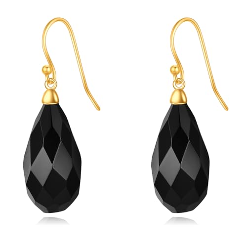 Sterling Silver Black Onyx Earrings for Women 18K Yellow Gold Plated Jewelry Gifts - style: Rhombus Teardrop