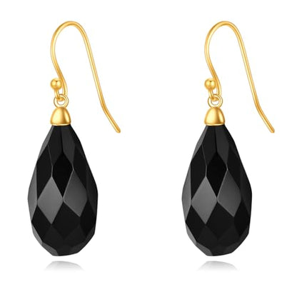 Sterling Silver Black Onyx Earrings for Women 18K Yellow Gold Plated Jewelry Gifts - style: Rhombus Teardrop