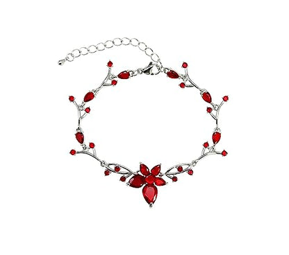 Faship Gorgeous CZ Crystal Floral Necklace Earrings Set - color: Red / Matching Bracelet