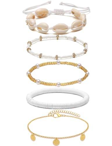 Shell Ankle Bracelet Set for Women Gold Boho Bead Anklets Summer Hawaiian Beach Seashell Pearl Disc Double Heart Starfish Conch Layered Foot Chain Jewelry Adjustable - style: A: Disc