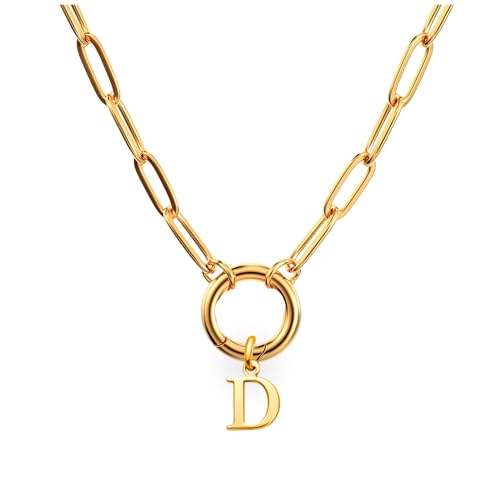 Paperclip Chain Carabiner Initial Charm Holder Necklace by Ginger Lyne | 18K Gold-Plated or Silver Tone Paperclip Chain with Carabiner Charm Holder, Adjustable 18-20 Inch, A-Z Initial Pendant - color: Gold-D