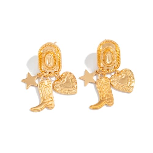 Western Cowgirl Earrings for Women Vintage Cowboy Hat Boot Dangle Earrings Exaggerated Personality Cowboy Earring Country Vacation Party Jewelry for Women - color: Gold B