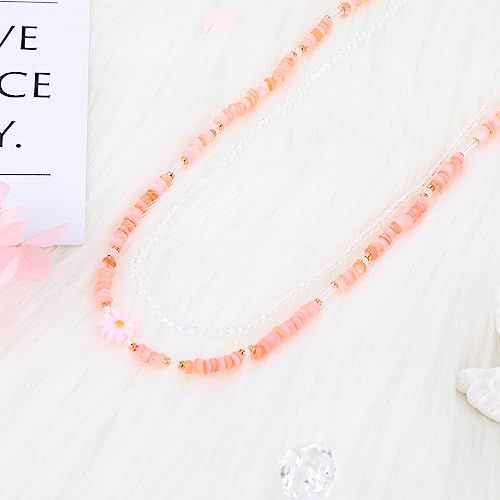 Layered Colorful Beaded Necklace for Women Bohemian Cute Seed Beads Choker Necklace with Dangle Glass Beads Pink Daisy Charm Adjustable Chain Handmade Boho Party Summer Y2K Jewelry Gift for Women