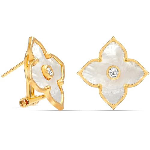 LeCalla 925 Sterling Silver Omega Back Earrings for Women | Clip-On Pierced Stud Earrings Gift for Her, Wife or Girlfriend | Classic Omega Back Stud Earrings Jewelry for Daily Wear or Special Occasions - color: CZ Clover