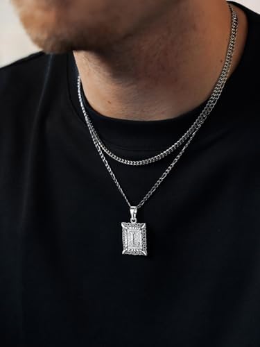 U7 Initial Letter Necklace for Men Women, 14K Gold/Silver Plated Square Capital Monogram Pendant Necklace from A-Z with 22+2 Inch Figaro Chain, Personalized Jewelry for Him - color: Silver, style: L