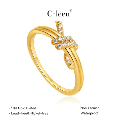 C-leen Gold Rings for Women Non Tarnish, Diamond Twist Love Knot Ring Dainty 18k Real Gold Plated Cubic Zirconiz Knuckle Pinky Thumb Rings Gold Jewelry for Women Gift Size 6-10 - size: 8