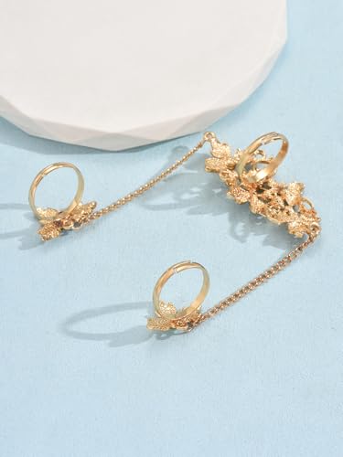 Rhinestone Finger Ring for Women Sparkly Crystal Butterfly Flower Leaf Adjustable Statement Chain Rings Punk Jewelry - color: gold flower