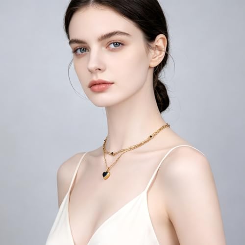 Birthstone Layered Pendant Paperclip Necklace 18k Gold Plated Heart Choker Chain Necklace Emerald Cut Jewelry Birthday Gift for Women - color: Black Heart