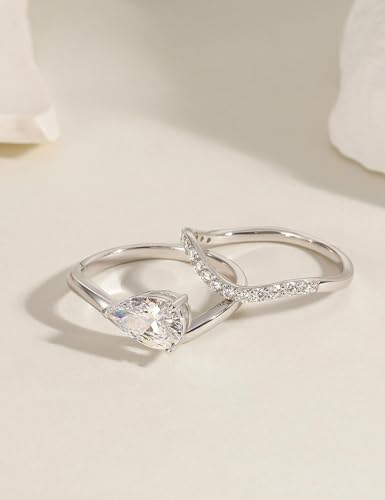 EAMTI 1.5CT Bridal Ring Sets Pear Cut CZ Promise Engagement Rings Curved Wedding Bands for Women Travel Ring Size 4-10 - color: Silver