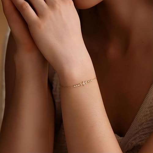 18K Gold Plated Star and Moon Bracelet for Women, Dainty Cubic Zirconia Celestial Adjustable Bracelet, Minimalist Everyday Jewelry Gift for Her