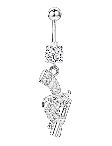 Belly Button Ring Dangle, Cross Belly Button Ring, Navel Piercing | 316L Surgical Steel, AAA+ Cubic Zirconia, Nickel-Free, Hypoallergenic, Multi-Style, 14 Gauge 10 mm Screw On Piercing Stud - style: Gun