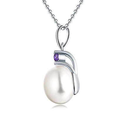 925 Sterling Silver Freshwater Cultured Pearl Pendant Necklace JO WISDOM Jewelry for Women,Girls - color: 10mm,February,amethyst Color