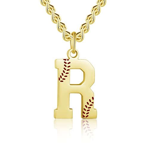 AIAINAGI Baseball Initial A-Z Letter Necklace - Men's Baseball Charm Pendant in Stainless Steel Silver Chain, 22inch Personalized Gift - style: R Letter