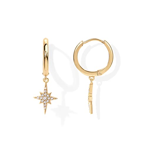 PAVOI 14K Gold Plated S925 Sterling Silver Post Lightweight Drop Dangle Huggie Hoop Earrings for Women | Star, Lock, Pearl, Cross, Lightening, Coin | Dainty Earrings - style: North Star