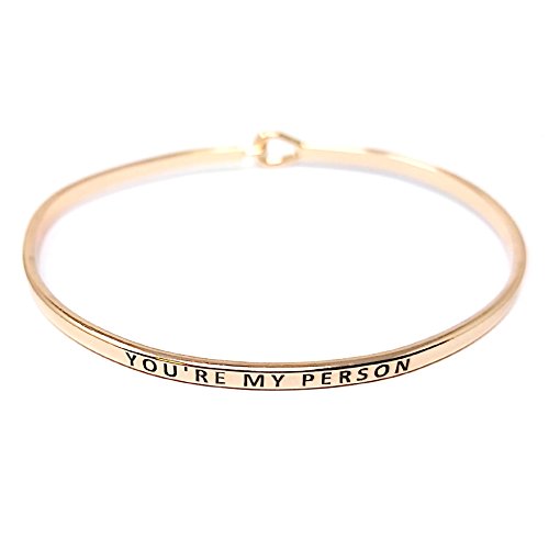 by you Inspirational Positive Message Engraved Thin Cuff Bangle Hook Bracelet - color: You're My Person-Rosegold, Brass
