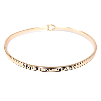 by you Inspirational Positive Message Engraved Thin Cuff Bangle Hook Bracelet - color: You're My Person-Rosegold, Brass