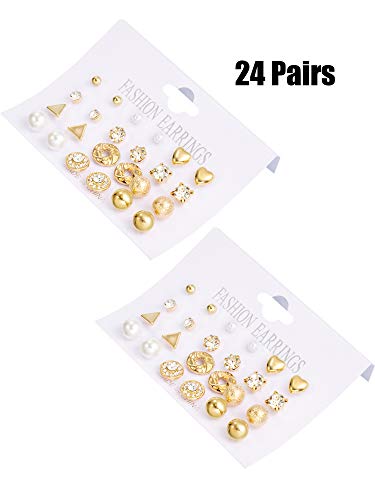 BBTO 24 Pairs Stud Earrings Crystal Pearl Earring Set Ear Stud Jewelry for Women Men - color: Gold